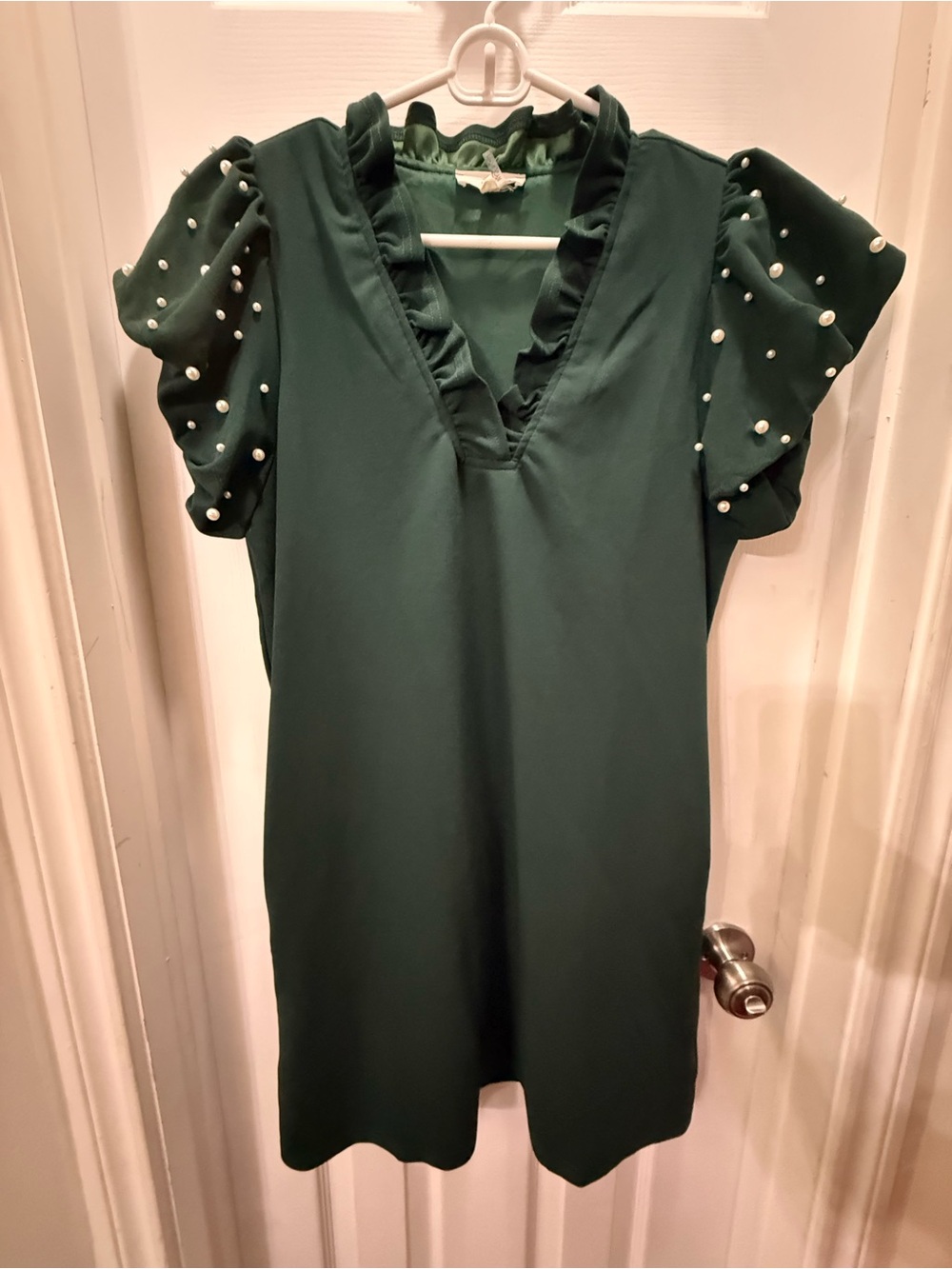 entro Dark Green Pearl-Puff Mini Dress